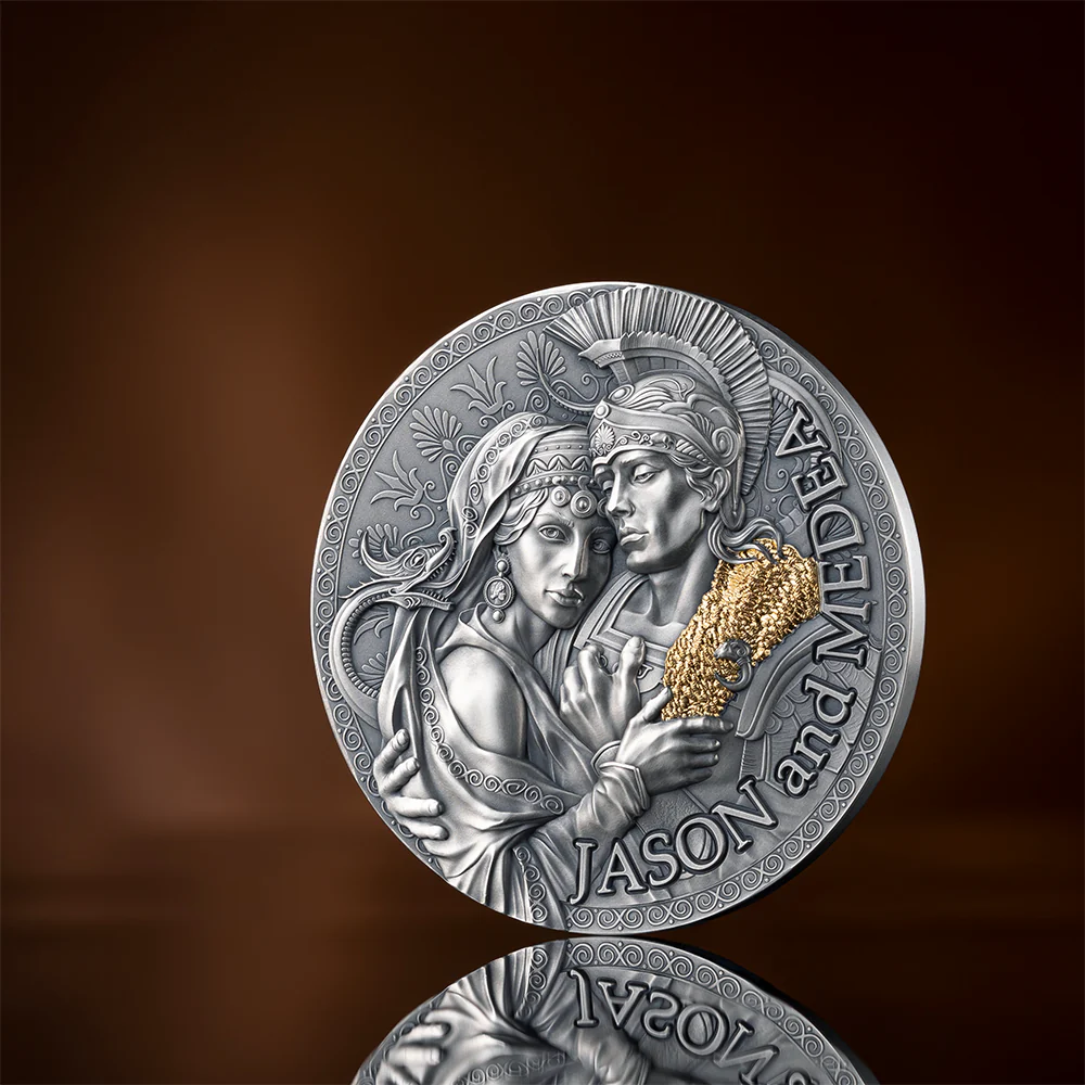 2024 Jason And Medea 2oz Silver Antiqued & Gilded Coin - Closeup Reverse View