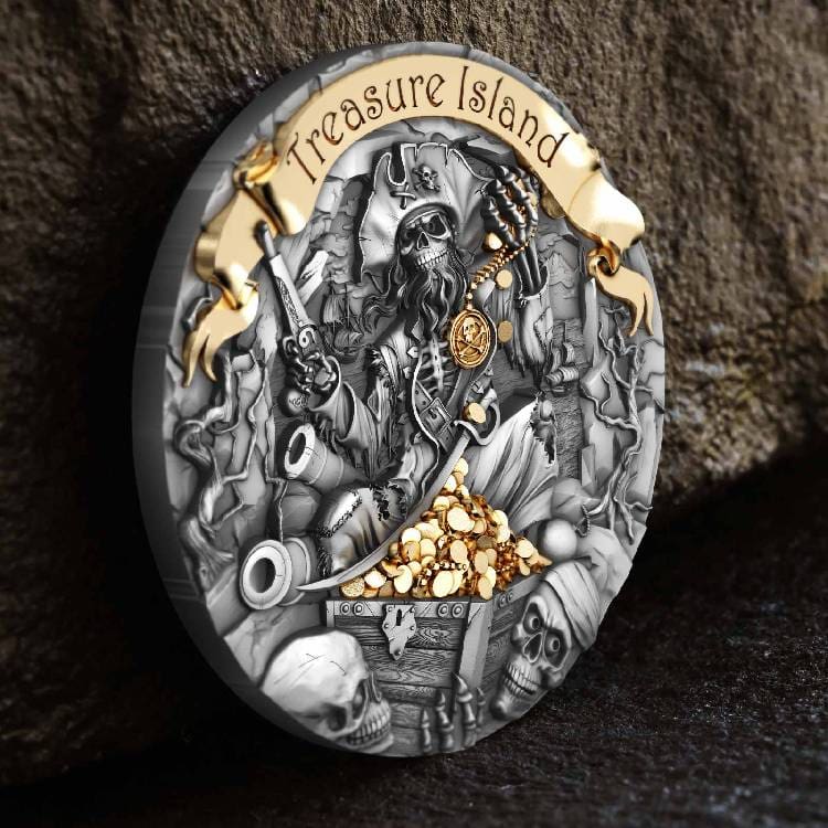 2024 Treasure Island 2oz Silver Ultra High Relief Gilded Coin - Tilted Reverse View