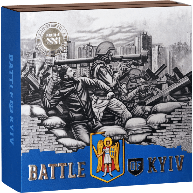 2024 ₵10 Battle of Kyiv 2oz Silver High Relief Coloured Coin - Boxed View