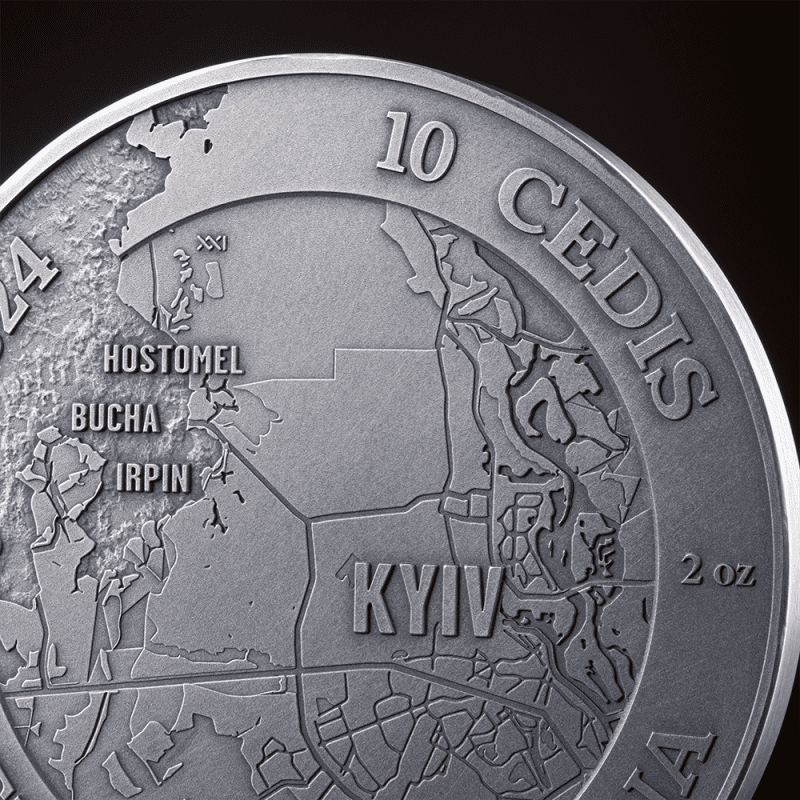 2024 ₵10 Battle of Kyiv 2oz Silver High Relief Coloured Coin - Closeup Obverse View