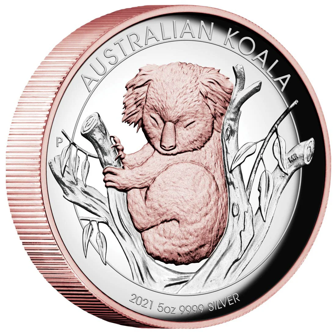 2021 $8 Australian Koala 5oz Silver Proof High Relief Gilded Coin - Tilted Reverse View