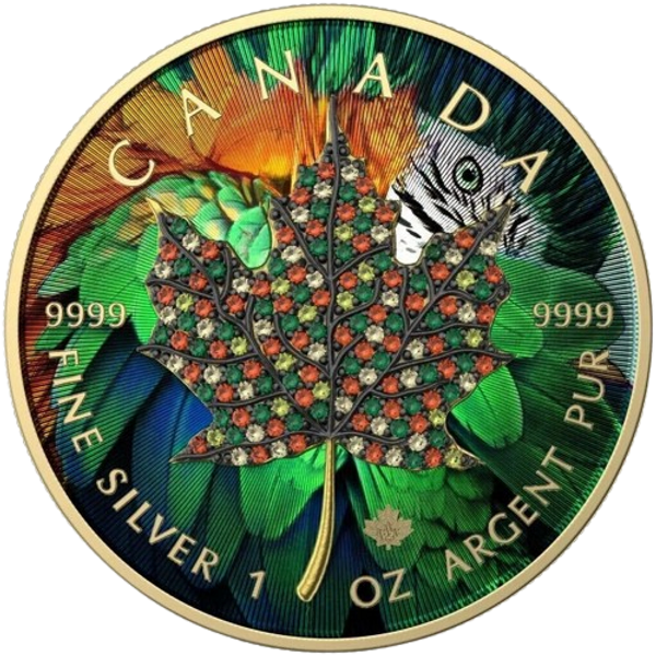 2022 $5 April – Seasons 1oz Silver Bejeweled Maple Leaf Coin - Reverse View