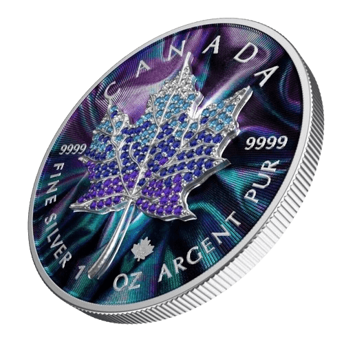 2022 $5 December – Seasons 1oz Silver Bejeweled Maple Leaf Coin - Tilted Reverse View