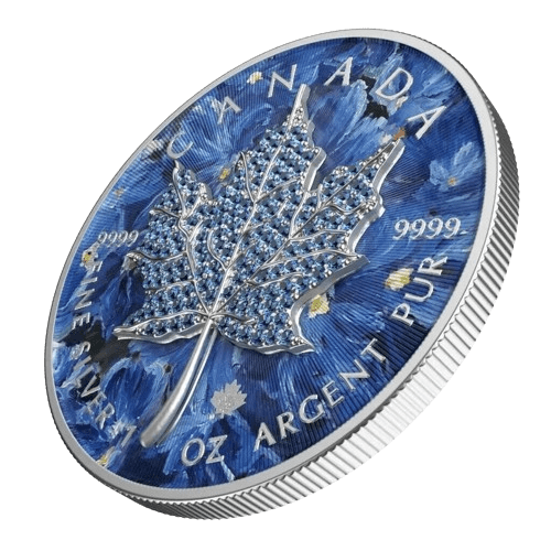 2022 $5 February - Seasons 1oz Silver Bejeweled Maple Leaf Coin - Tilted Reverse View