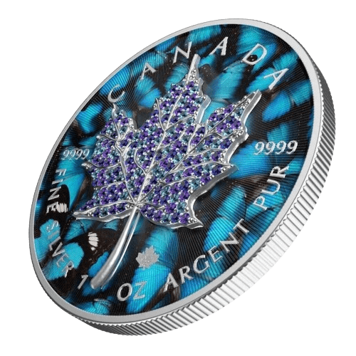 2022 $5 January - Seasons 1oz Silver Bejeweled Maple Leaf Coin - Tilted View