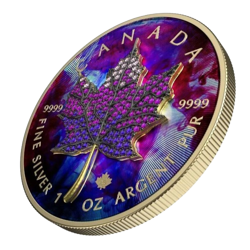 2022 $5 June – Seasons 1oz Silver Bejeweled Maple Leaf Coin - Tilted Reverse View