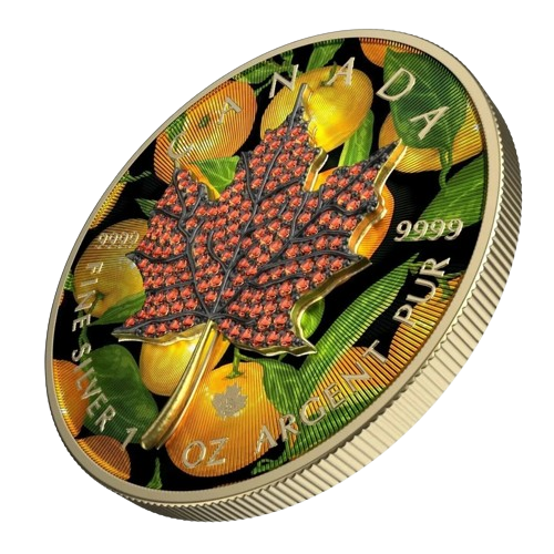 2022 $5 November – Seasons 1oz Silver Bejeweled Maple Leaf Coin - Tilted Reverse View