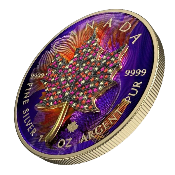 2022 $5 October – Seasons 1oz Silver Bejeweled Maple Leaf Coin - Tilted Reverse View