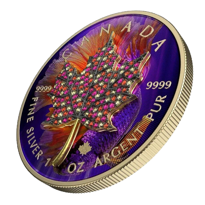 2022 $5 October – Seasons 1oz Silver Bejeweled Maple Leaf Coin - Tilted Reverse View