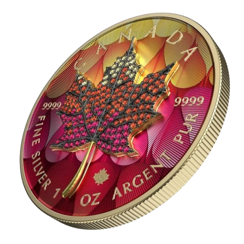 2022 $5 September – Seasons 1oz Silver Bejeweled Maple Leaf Coin - Tilted Reverse View