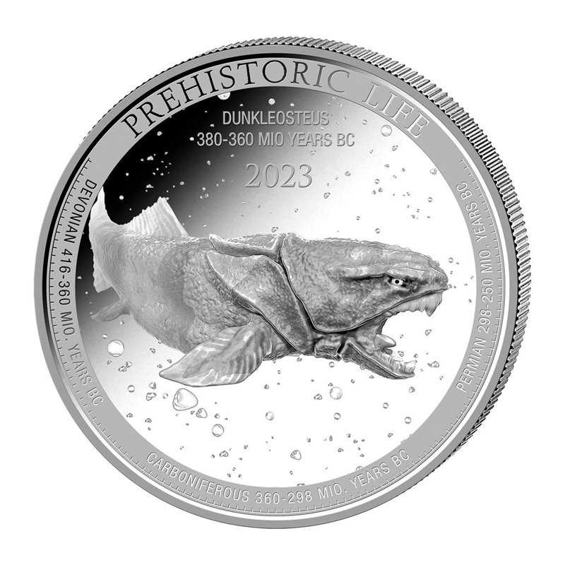 2023 Dunkleosteus - Prehistoric Life 1oz Silver Bullion Round - Reverse View