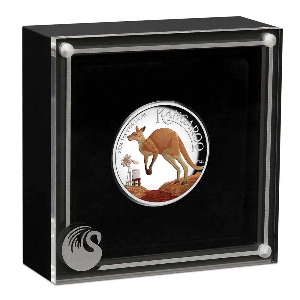 2024 $1 Australian Kangaroo 1oz Silver Proof High Relief Coloured Coin - Cased View