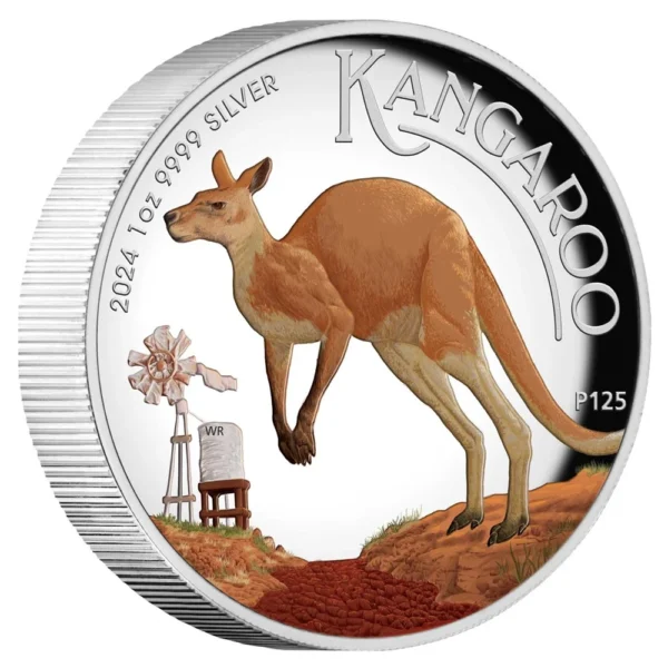 2024 $1 Australian Kangaroo 1oz Silver Proof High Relief Coloured Coin - Tilted Reverse View