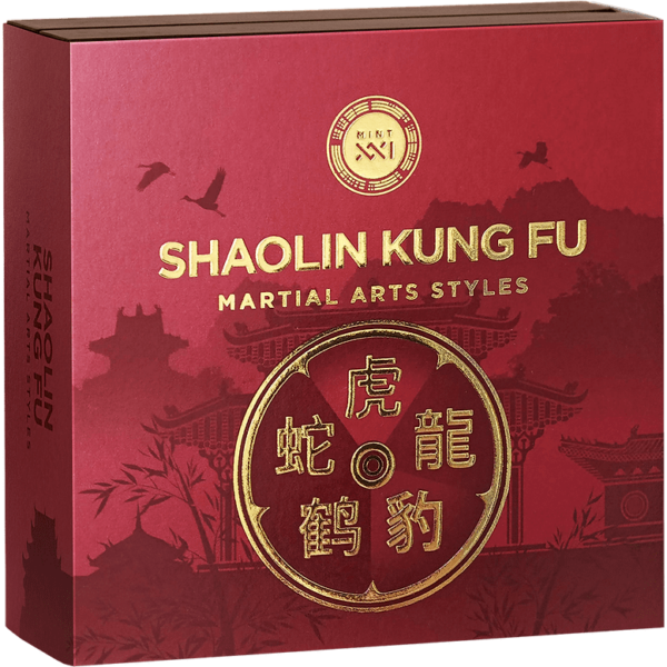 2024 $10 Martial Arts Styles - Shaolin Kung Fu 5oz Silver Antiqued Gilded Coin - Boxed View