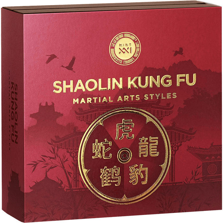 2024 $10 Martial Arts Styles - Shaolin Kung Fu 5oz Silver Antiqued Gilded Coin - Boxed View