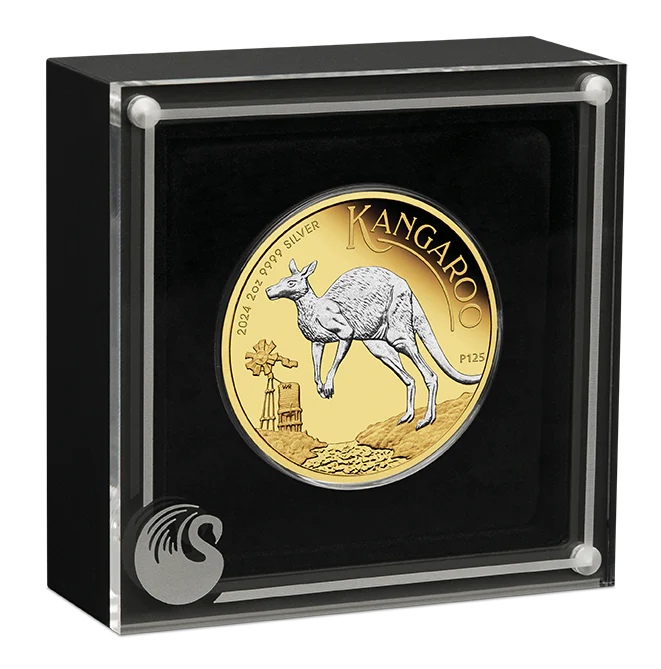 2024 $2 Australian Kangaroo 2oz Silver Proof Reverse Gilded Coin - Cased View