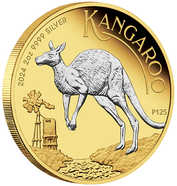 2024 $2 Australian Kangaroo 2oz Silver Proof Reverse Gilded Coin - Reverse View