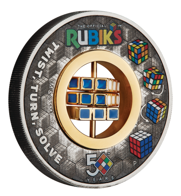 2024 $2 Rubik's Cube 50th Anniversary 2oz Silver Antiqued Coin - Tilted Reverse View