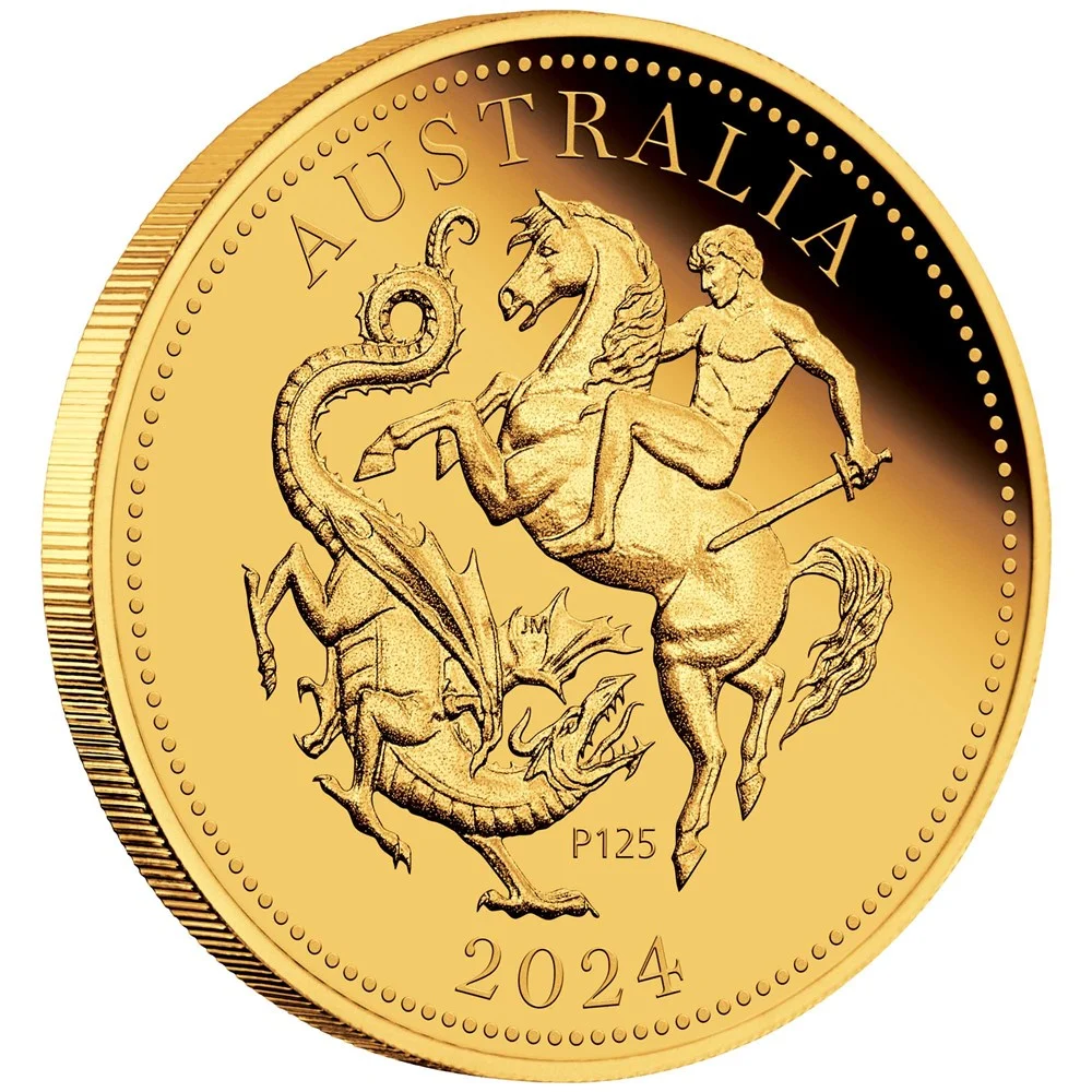 2024 $50 The Perth Mint 125th Anniversary Australia Double Sovereign Gold Proof Coin - Tilted Reverse View