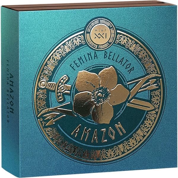 2024 Amazon Femina Bellator 2oz Silver Coloured Antiqued Coin - Boxed View