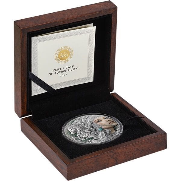 2024 Amazon Femina Bellator 2oz Silver Coloured Antiqued Coin - Cased View