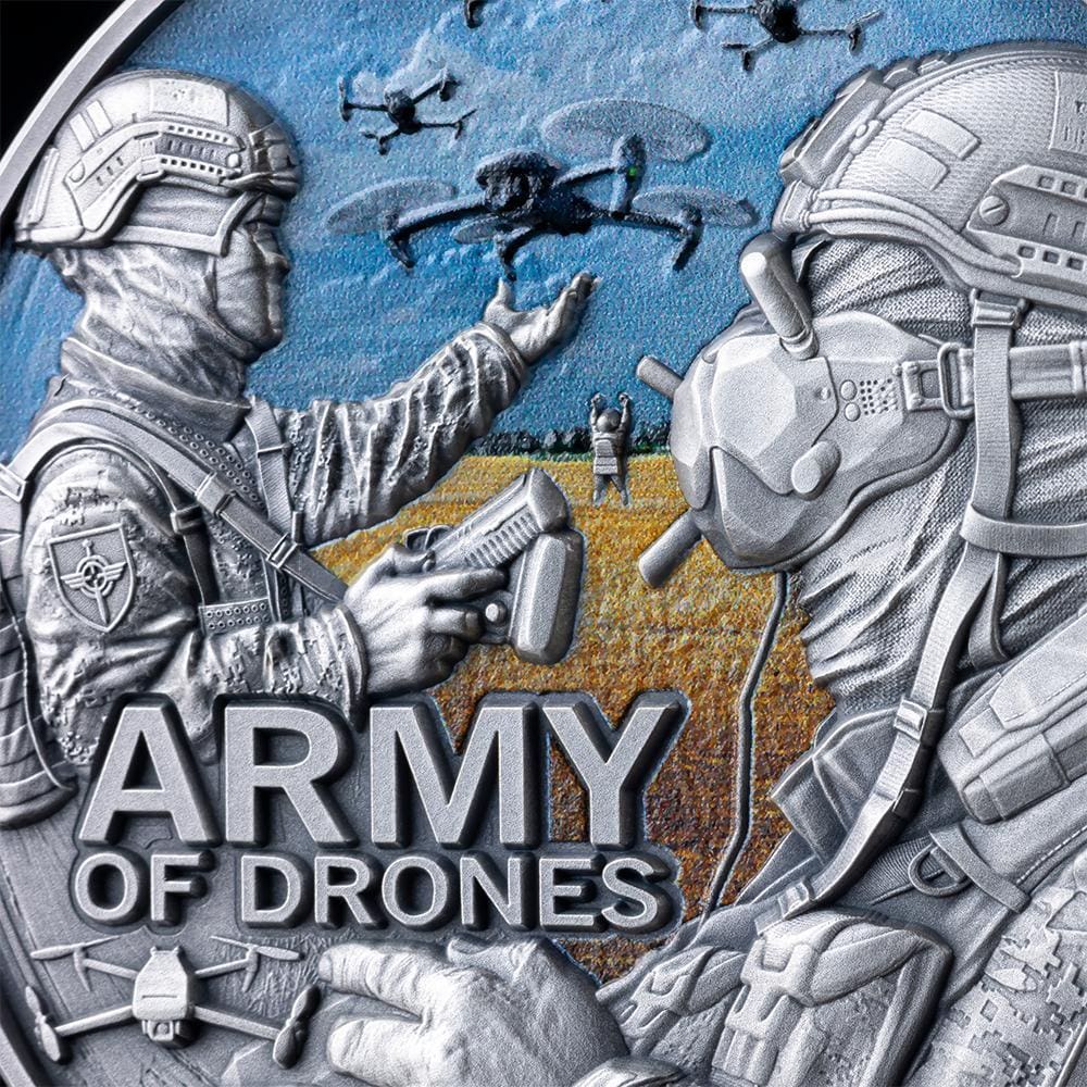 2024 Army Of Drones 2oz Silver High Relief Coloured Coin - Closeup Reverse View