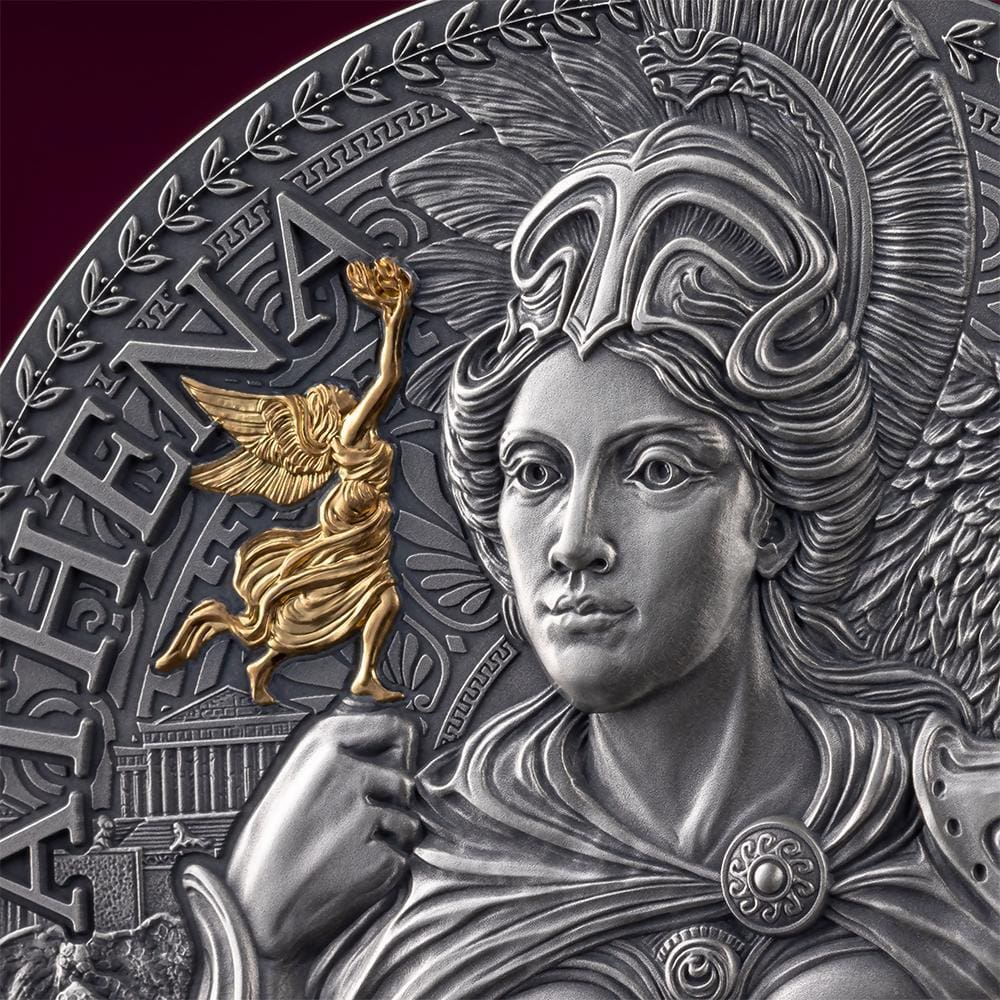 2024 Athena – The Great Greek Mythology 1oz Silver Gilded High Relief Coin - Closeup Reverse View