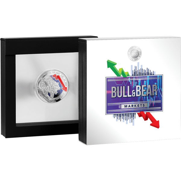 2024 Bull and Bear Markets 1oz Coloured Prooflike Coin - Boxed View