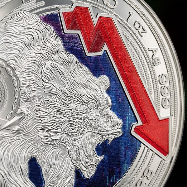 2024 Bull and Bear Markets 1oz Coloured Prooflike Coin - Closeup Obverse View