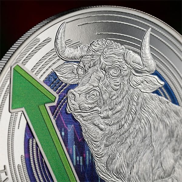 2024 Bull and Bear Markets 1oz Coloured Prooflike Coin - Closeup Reverse View