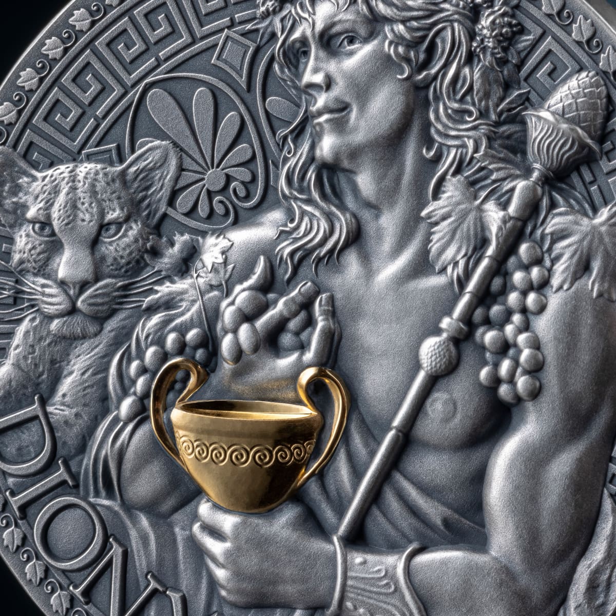 2024 Dionysus – The Great Greek Mythology 1oz Silver Antiqued High Relief Coin - Closeup Reverse View