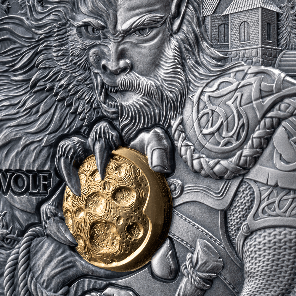 2024 Dual Essence Werewolf 2oz Silver Antiqued High Relief Gilded Coin - Closeup Reverse View