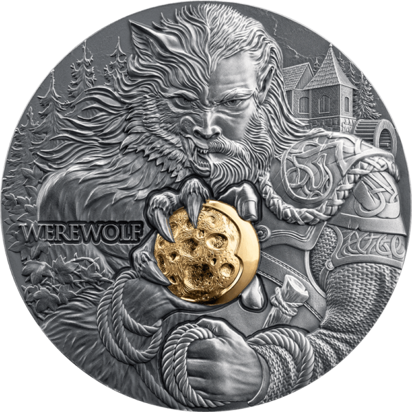 2024 Dual Essence Werewolf 2oz Silver Antiqued High Relief Gilded Coin - Reverse View