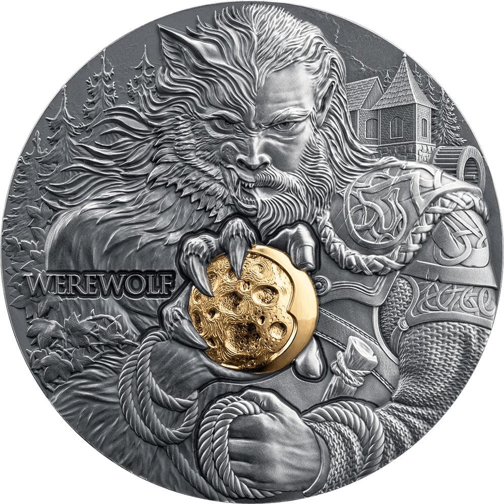 2024 Dual Essence Werewolf 2oz Silver Antiqued High Relief Gilded Coin - Reverse View