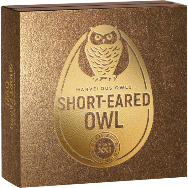 2024 Marvelous Owls - Short-eared Owl 1oz Silver Antiqued Gilded Coin - Boxed View