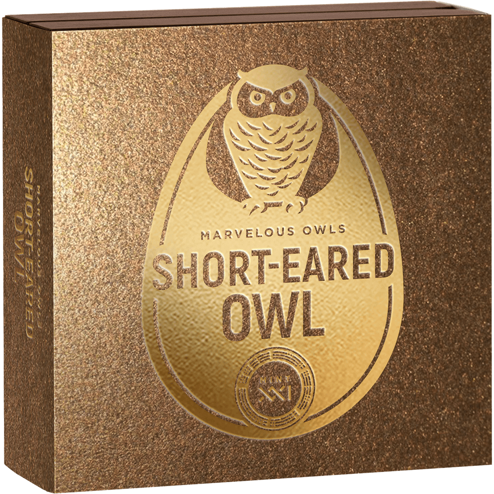 2024 Marvelous Owls - Short-eared Owl 1oz Silver Antiqued Gilded Coin - Boxed View
