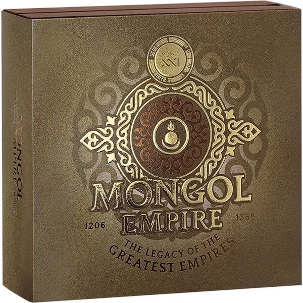 2024 Mongol Empire - Legacy of the Greatest Empires 2oz Coloured Gilded Coin - Boxed View