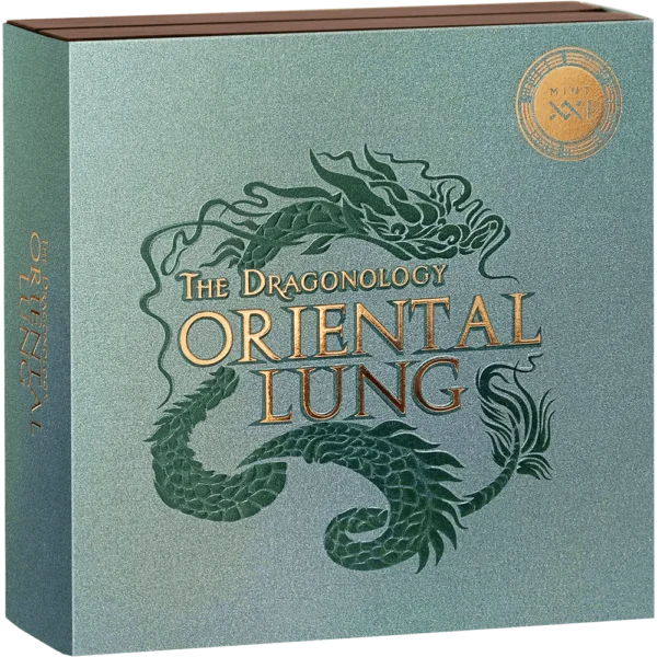 2024 Oriental Lung The Dragonology 2oz Antiqued Silver Coin - Boxed View