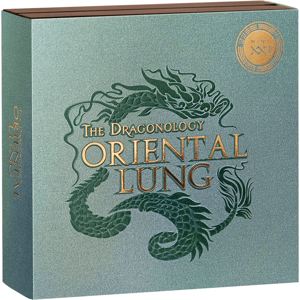 2024 Oriental Lung The Dragonology 2oz Antiqued Silver Coin - Boxed View
