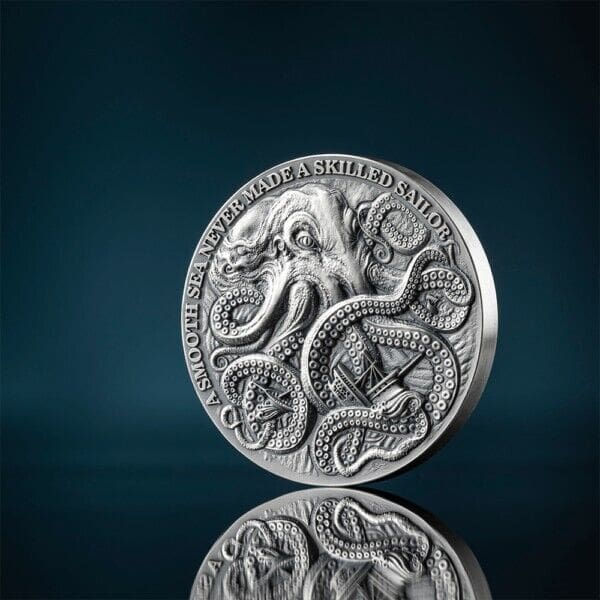 2024 ₵5 Kraken - Life Quotes 1oz Silver Antiqued Coin - Blown Out Reverse View