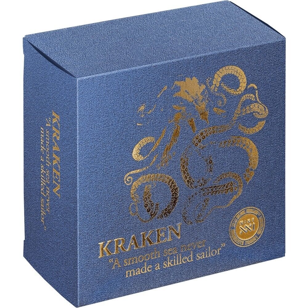 2024 ₵5 Kraken - Life Quotes 1oz Silver Antiqued Coin - Boxed View