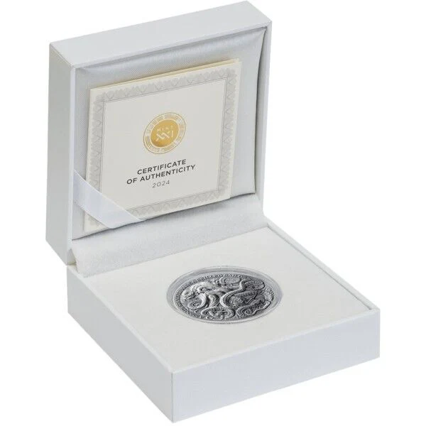 2024 ₵5 Kraken - Life Quotes 1oz Silver Antiqued Coin - Cased View