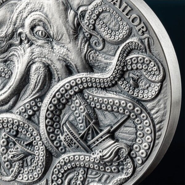 2024 ₵5 Kraken - Life Quotes 1oz Silver Antiqued Coin - Closeup Reverse View