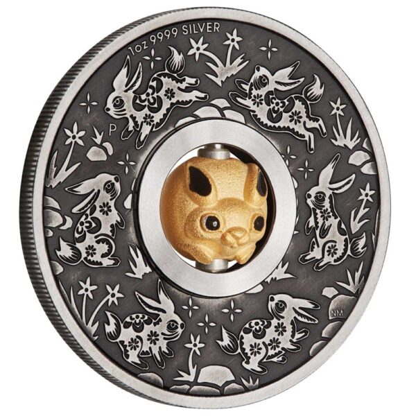 2023 Year Of The Rabbit Rotating Charm 1oz Silver Antiqued Coin