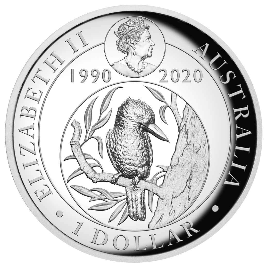 2020 $1 Australian Kookaburra 30 Years 1oz Silver High Relief Proof Coin - Obverse View