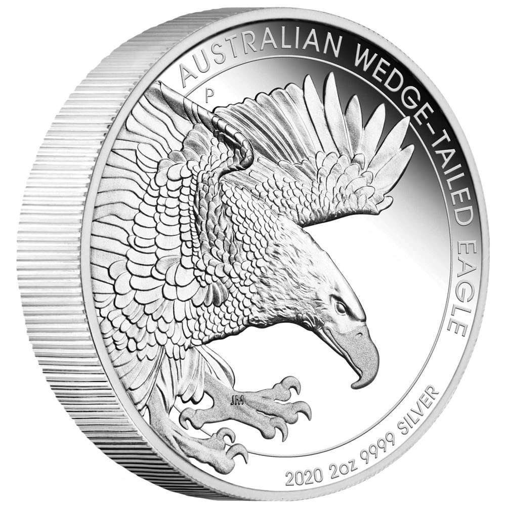 2020 $2 Australian Wedge-tailed Eagle 2oz Silver Proof Piedfort Coin - Tilted Reverse View