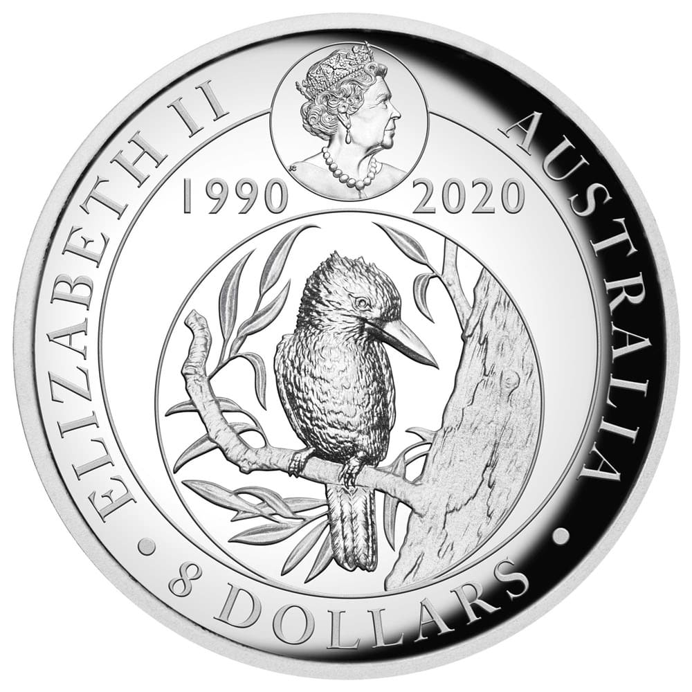 2020 $8 30th Anniversary Australian Kookaburra 5oz Silver Proof Rose Gilded Coin - Obverse View