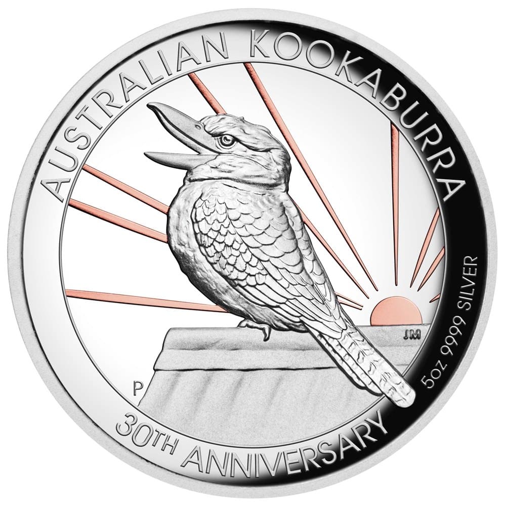 2020 $8 30th Anniversary Australian Kookaburra 5oz Silver Proof Rose Gilded Coin - Reverse View