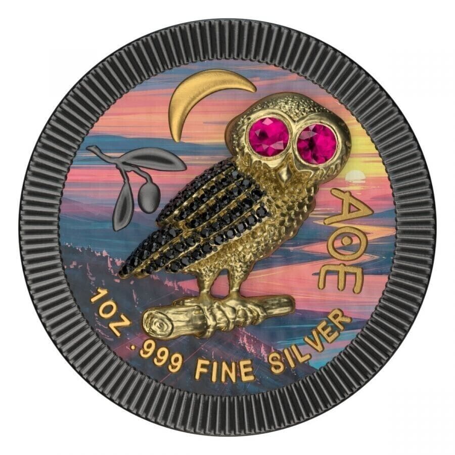 2021 $2 Athenian Owl - Night River - Swarovski Bejeweled 1oz Silver Coin - Reverse View