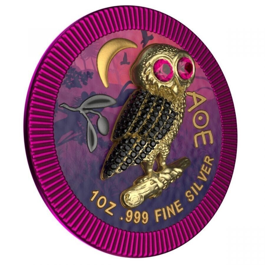 2021 $2 Athenian Owl – Purple Night – Swarovski Bejeweled 1oz Silver Coin - Tilted Reverse View